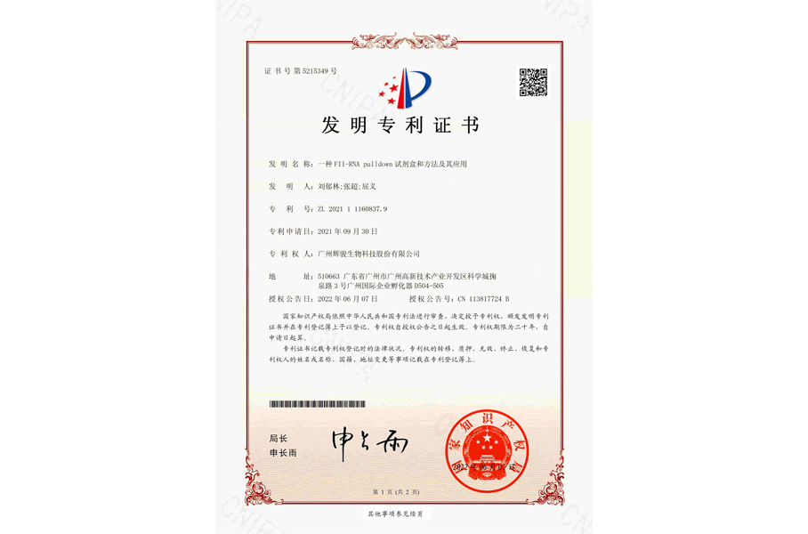 輝駿生物FII-RNA pull down試劑盒和方法及其應(yīng)用專利證書，F(xiàn)2-RNA pull down試劑盒-強(qiáng)親和力/操作簡便/周期短/價(jià)格低